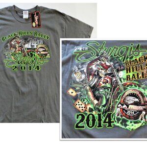 Deadstock Double-sided Sturgis 2014 T Shirt, Black Hills Rally. Skeleton NWT